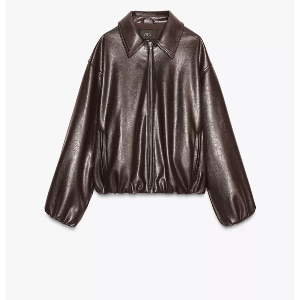 Zara Chocolate Brown Faux-Leather Bomber Jacket